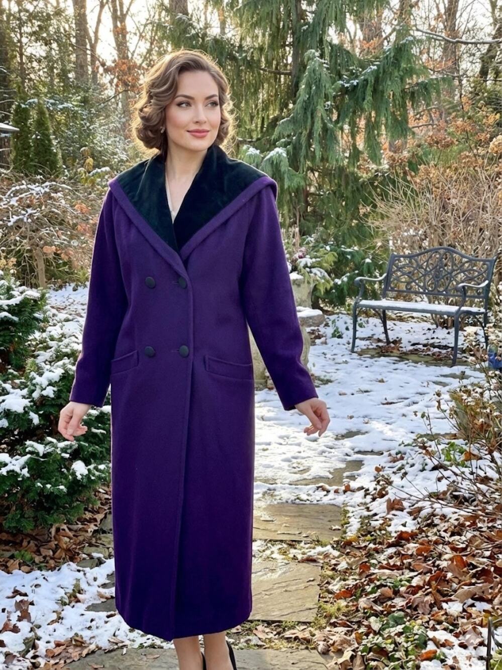 Vintage 100% Wool Coat – Long Dark Purple with Black Velvet Collar, USA Made